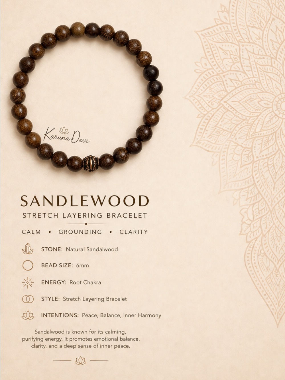 Muladhara Chakra, authentic Sandalwood Stretch Layering Bracelet - Natural Brown
